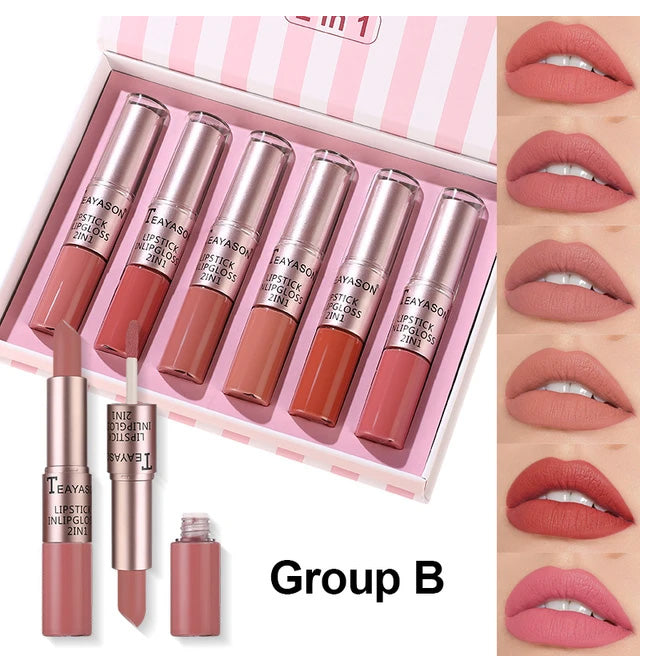 6pcs/set TEAYASON 2 In 1 Matte Lipstick Nude Lip gloss Velvet Liquid Lipsticks Moisturizing Long Lasting Waterproof 12 Colors - AAMU COSMETICS