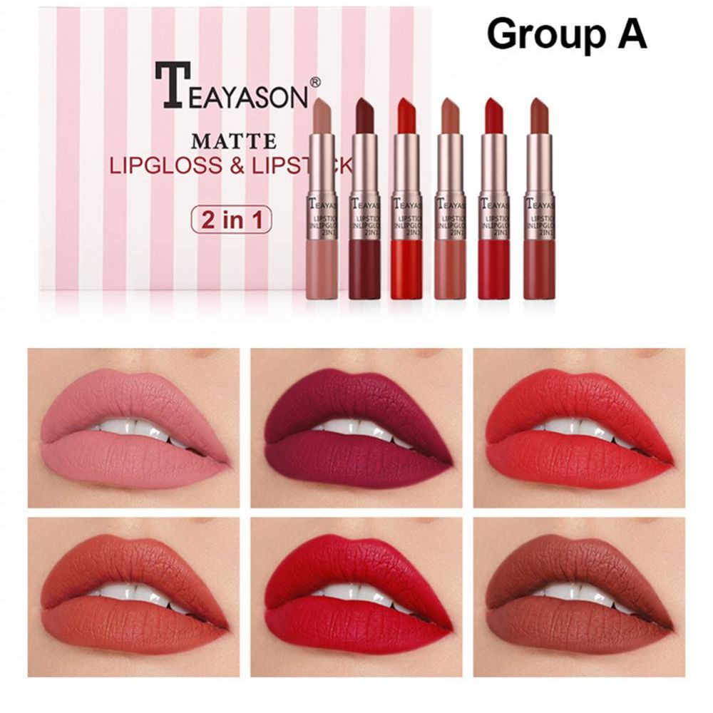 6pcs/set TEAYASON 2 In 1 Matte Lipstick Nude Lip gloss Velvet Liquid Lipsticks Moisturizing Long Lasting Waterproof 12 Colors - AAMU COSMETICS